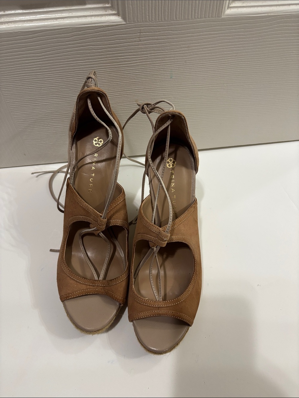 Trina Turk Tan Suede Lace-Up Wedge Sandals